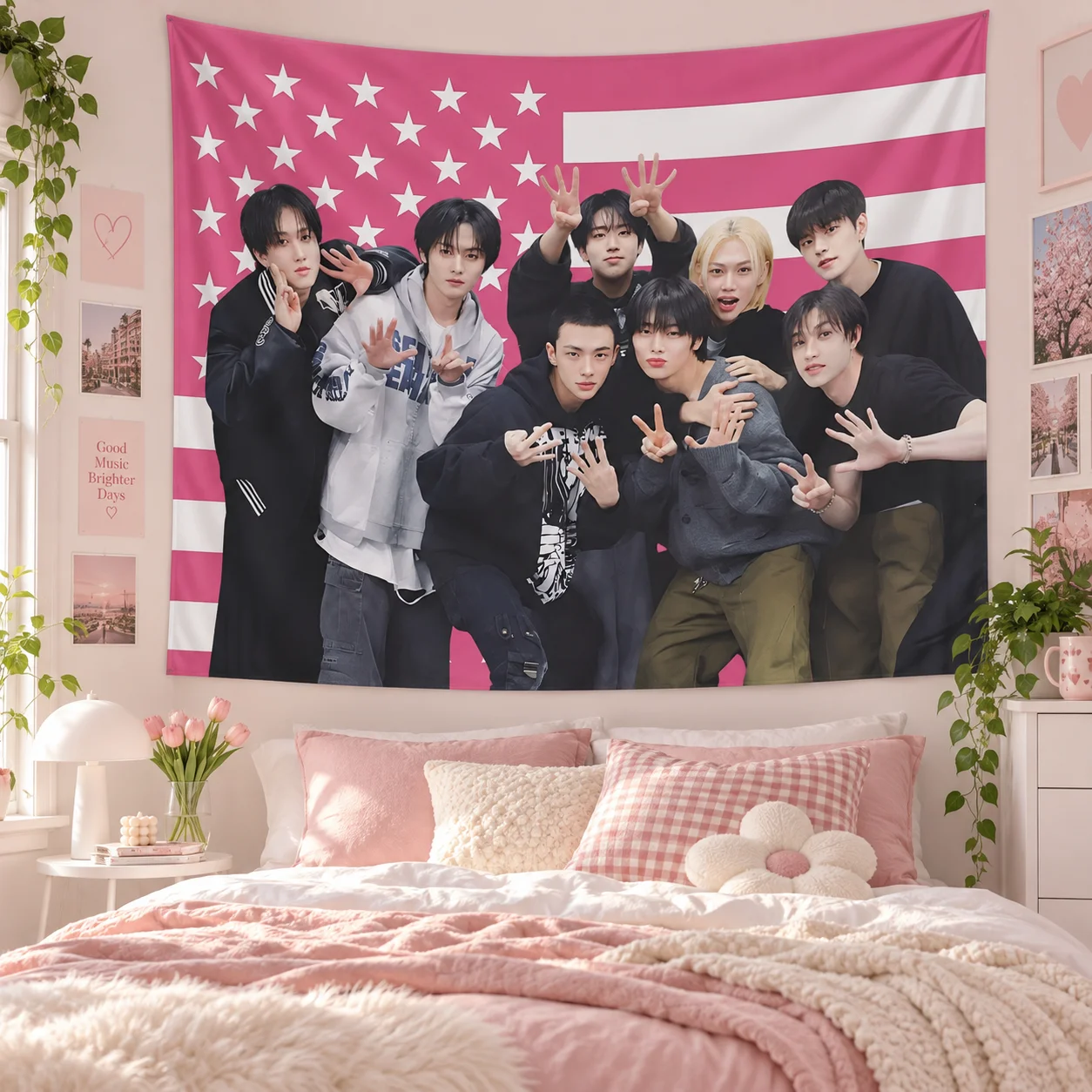 S-SKZ Concert Banner, Pink American Flag Design Wall Hanging, Durable Wall Decor for 8 Members Fans Event & Home Room Decoration