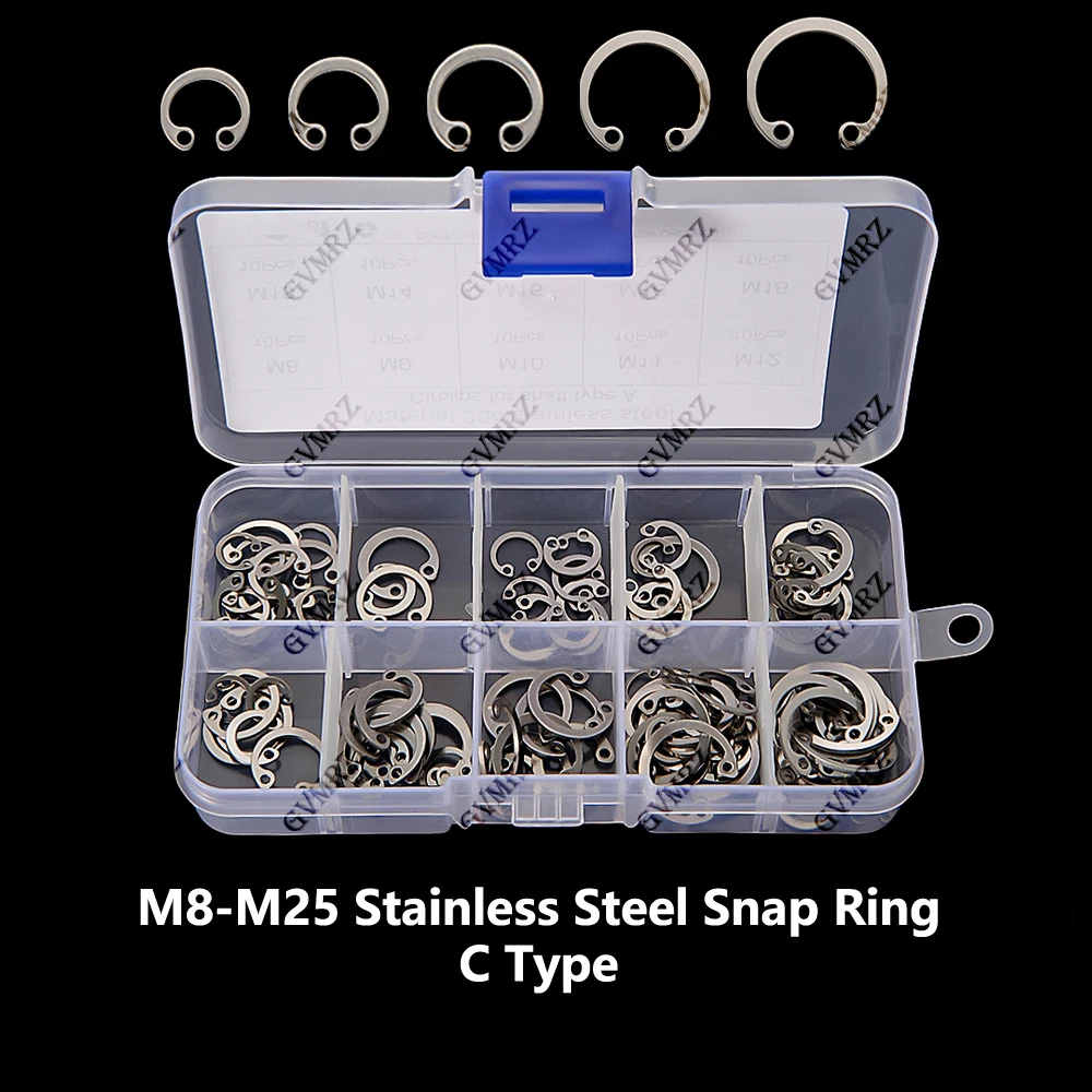 100PCS C Type Internal Circlip Retaining Clip Assortment Kit M8-M25 Stainless Steel Snap Ring Kit Set for Hole M8