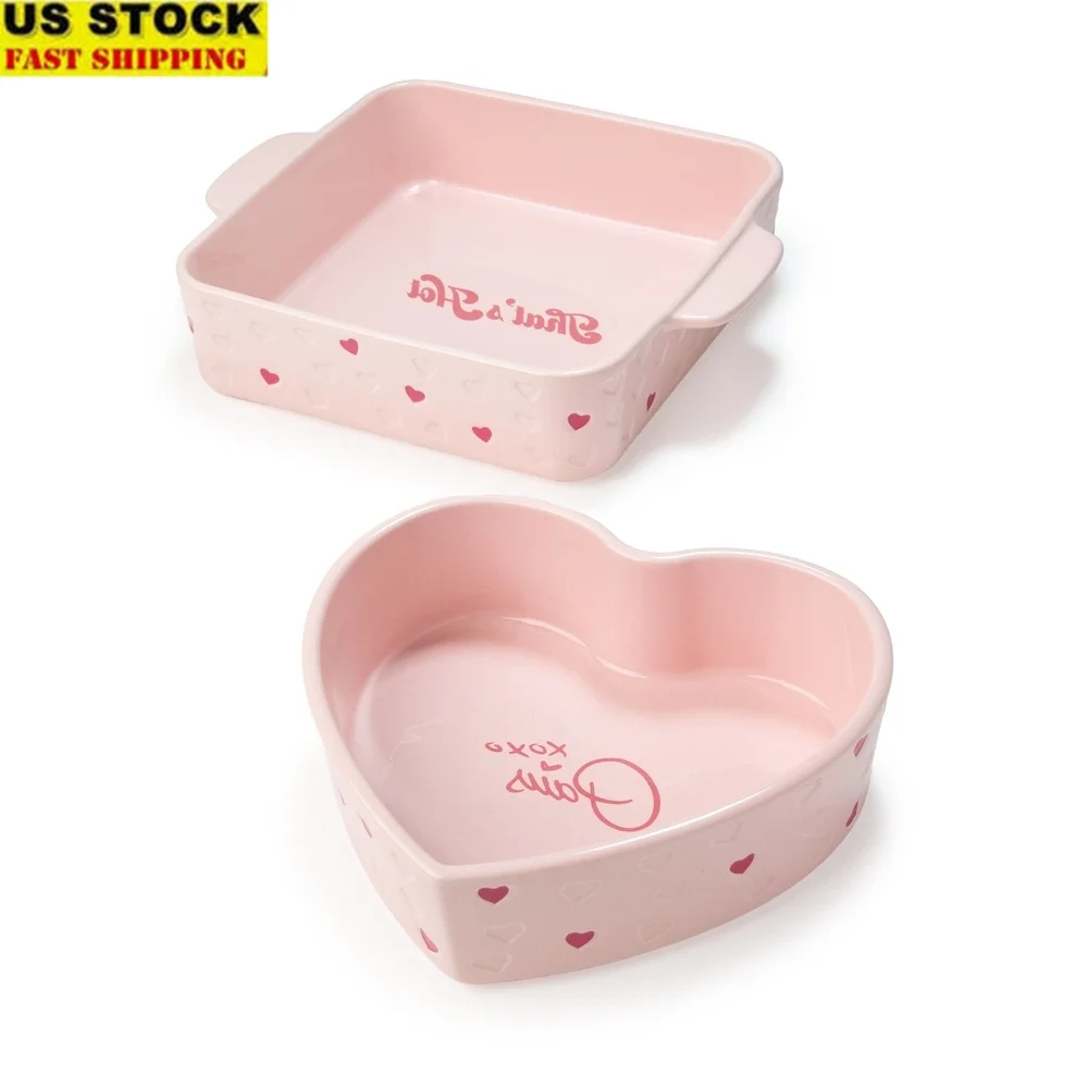 

2 Piece Ceramic Baker Set Square Heart Shape Baking Dish Oven Microwave Safe Dishwasher Safe Ideal Casseroles Desserts