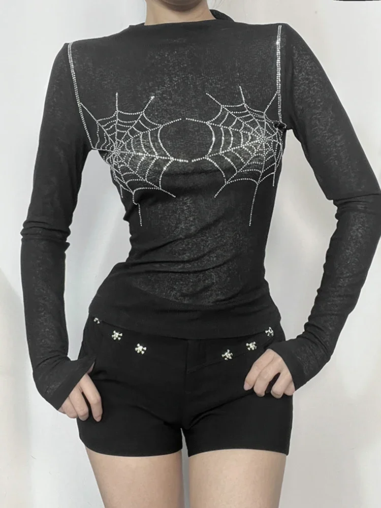 AltGoth Cyber Punk Gothic T-shirt Women Streetwear Y2k E-girl Spider Web Pattern Long Sleeve O-neck Basic Crop Tee Tops Female