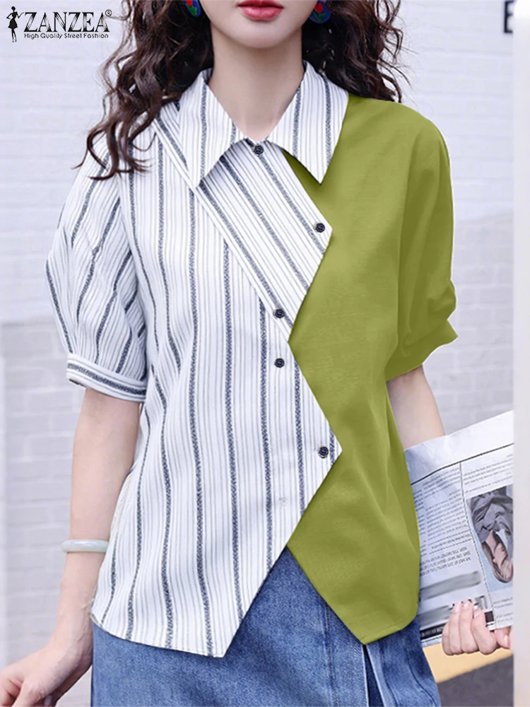 Camicie da donna alla moda ZANZEA 2025 Camicetta estiva Elegante camicia da lavoro OL Collo con risvolto Manica corta Blusas Stripe Patchwork Top Femme