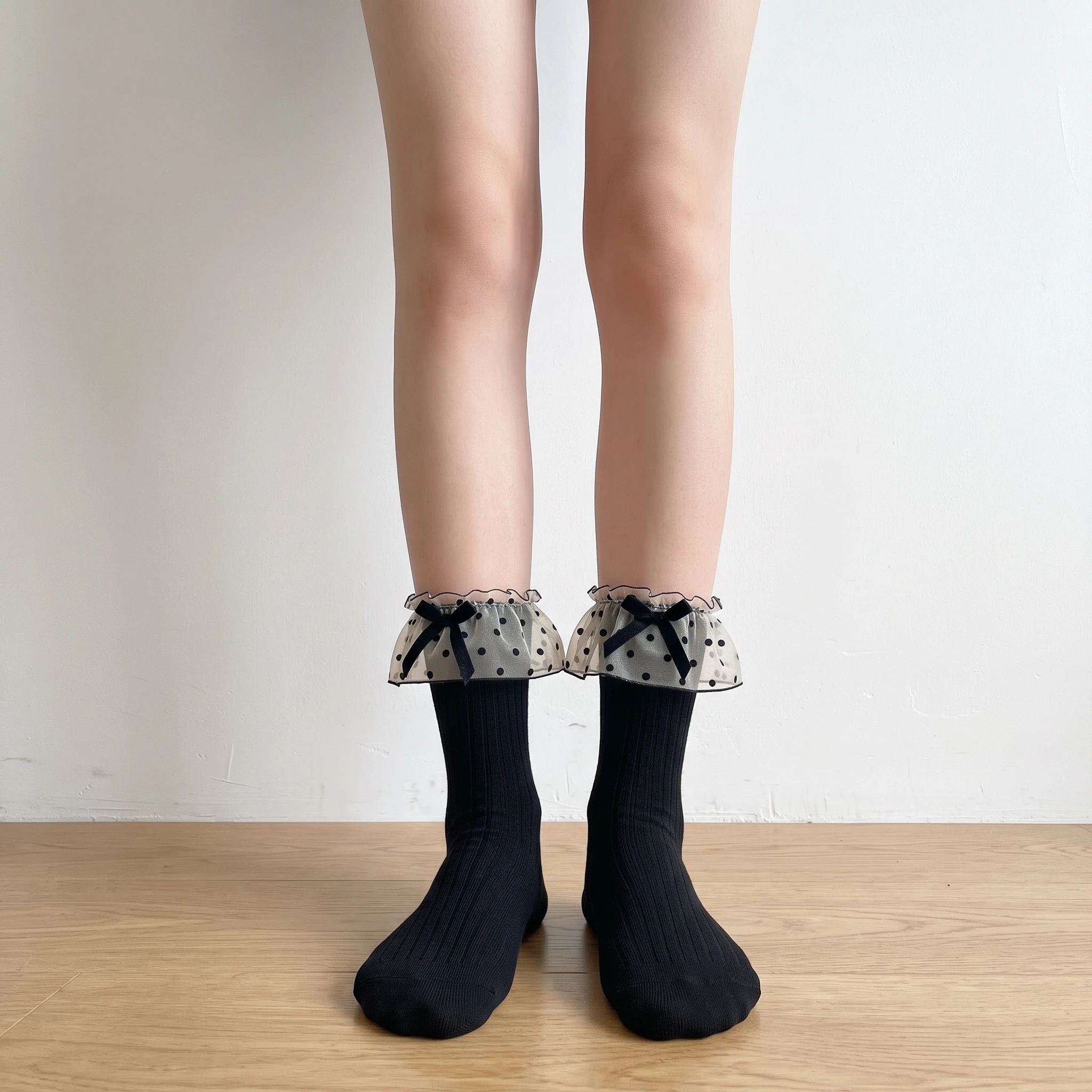 Moon Girl Japanese Sweet Style Lace Bow Mid-Calf Socks for Women, JK Slim Calf Socks, Ruffled Slouch Socks, Cute Girls Fashion Socks, Perfect Match with Skirts & Mary Jane Shoes