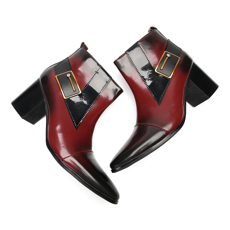 High Heels Shoes For Men Genuine Leather Chelsea Ankle Boots Gradient Wine Color Zipper Dress Man Party Sapatos Masculinos