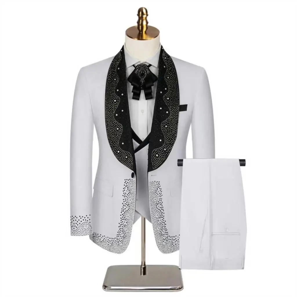 

White Men Suit Set 2 Pieces Blazer+Pants Trousers Luxury Stone Crystals Wedding Tuxedo Formal Office Customized Male Jacket Coat