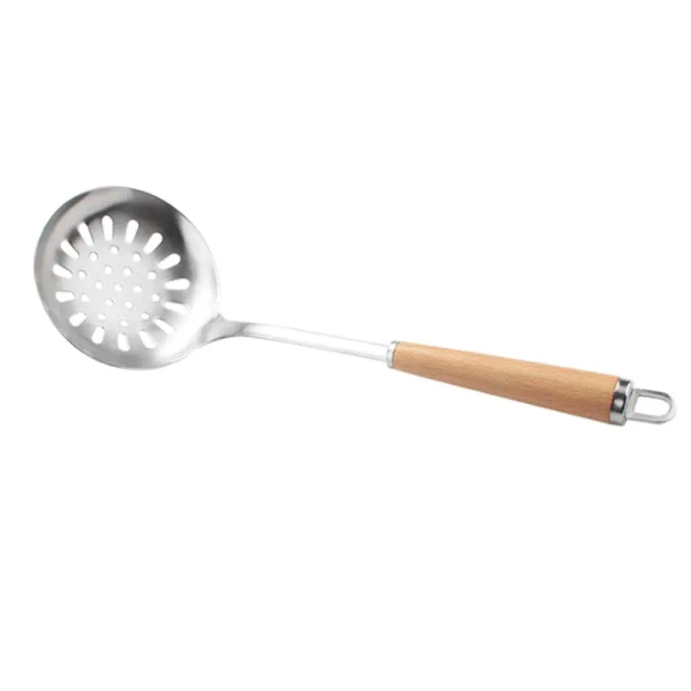 

1 шт., дуршлаг с деревянной ручкой из нержавеющей стали, сито, ложка цвета хаки, серебро для дома, кухни, горячий горшок, ресторан