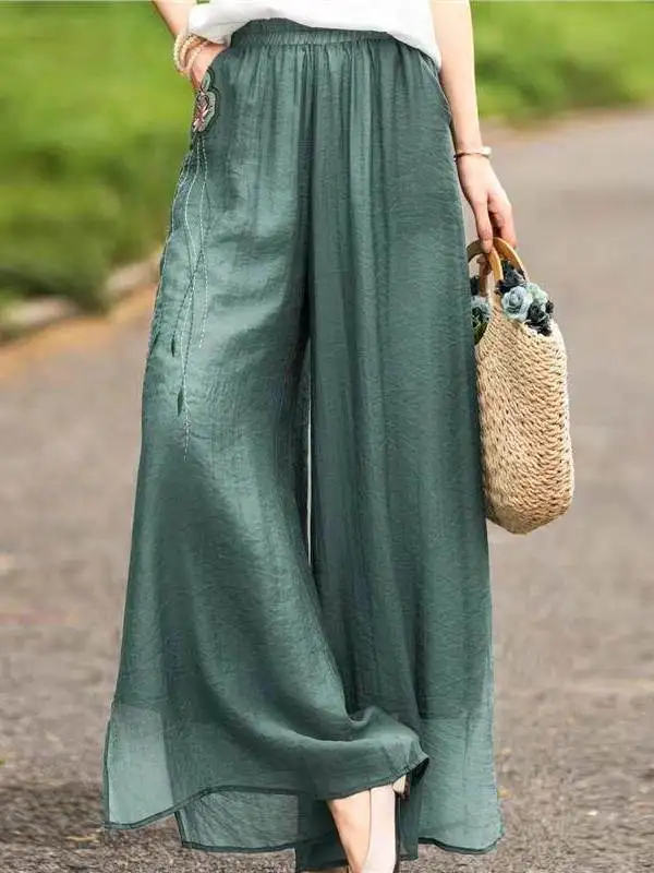 Summer Ethnic Style Double Layer Elastic Waist Casual Wide Leg Loose Thin Embroidered Loose Fit Casual Pants for Women