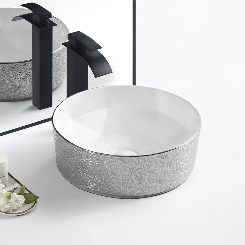 Rattan silver-white ceramic wash basin, environmentally friendly design, countertop installation