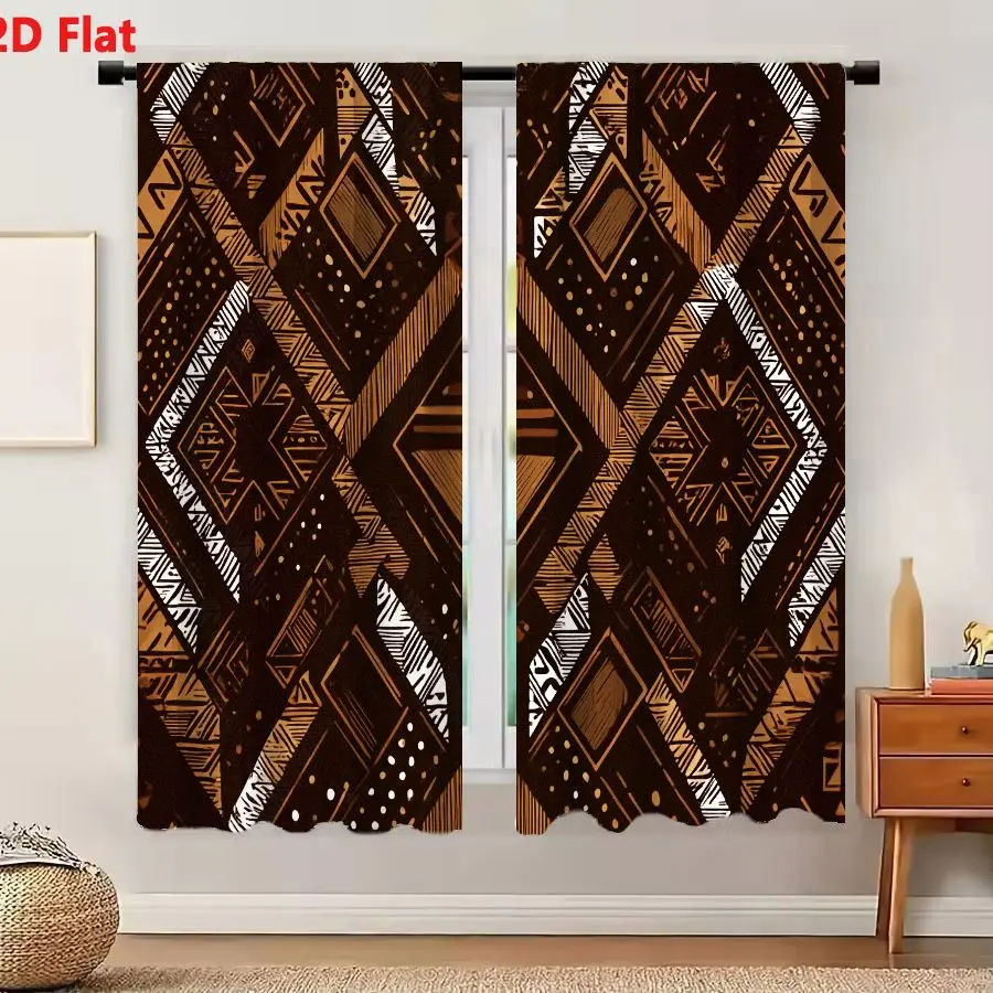 2Pcs Curtains 2D Flat Seamless Ethnic Geometric Pattern With Earthy Tones And Tribal Motifs Window Drapes for Bedroom Room Decor