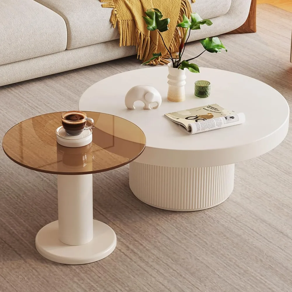 

Round Coffee Table Set of 2, Cream White End Table for Living Room, Modern Circle Stacking Tempered Glass Side Table, Nesting Dr