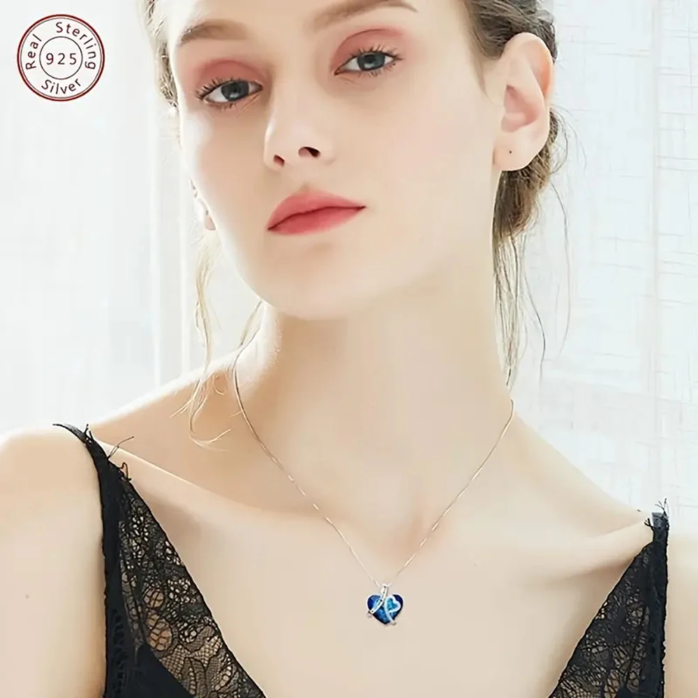 قلادة على شكل قلب دائم من الفضة الإسترليني عيار 925 للنساء مجوهرات راقية رائعة من الكريستال الأزرق للأبد هدية ساحرة للولايات المتحدة الأمريكية #2