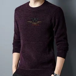 Men's Autumn and Winter Pullover Solid Round Neck Letter Print Screw Thread Plush Thickened Sweater Knitted Underlay Casual Tops