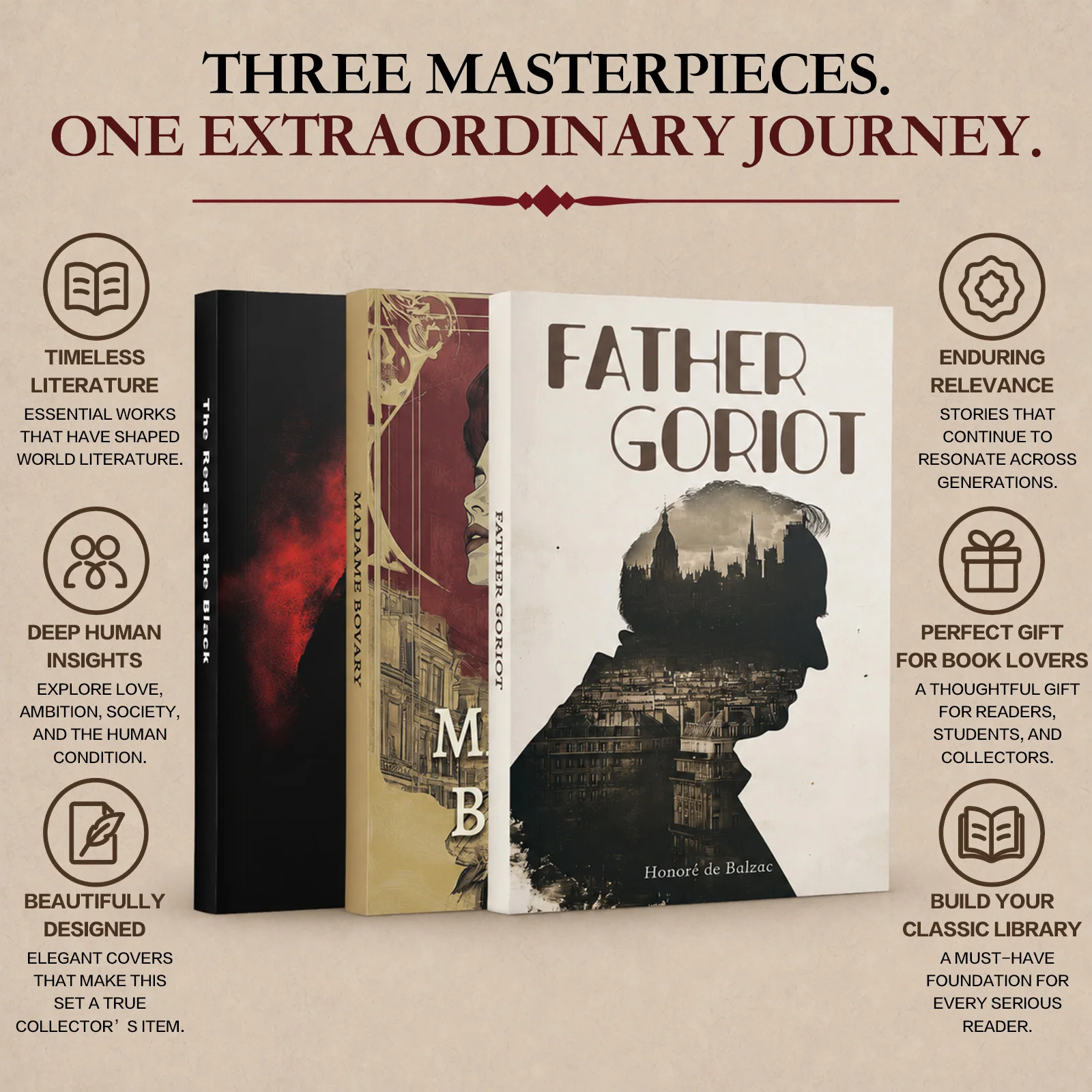 3-Book Classic Literature Set, The Red and the Black + Father Goriot + Madame Bovary, Timeless Masterpieces of Love, Ambition