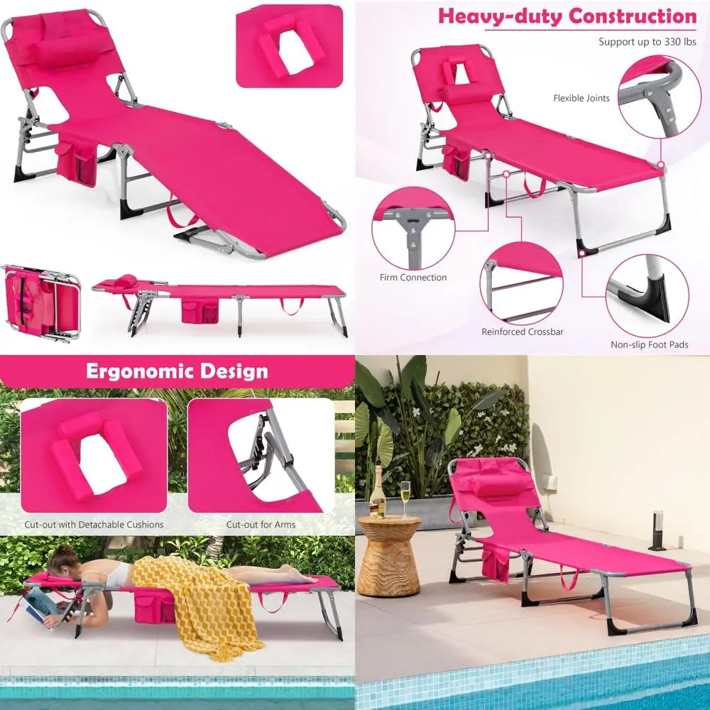 

Giantex Beach Chair, Tanning Chair with Face Arm Hole, Detachable Pillow, Adjustable Backrest, Side Pocket, Carry Handle, Outdoo