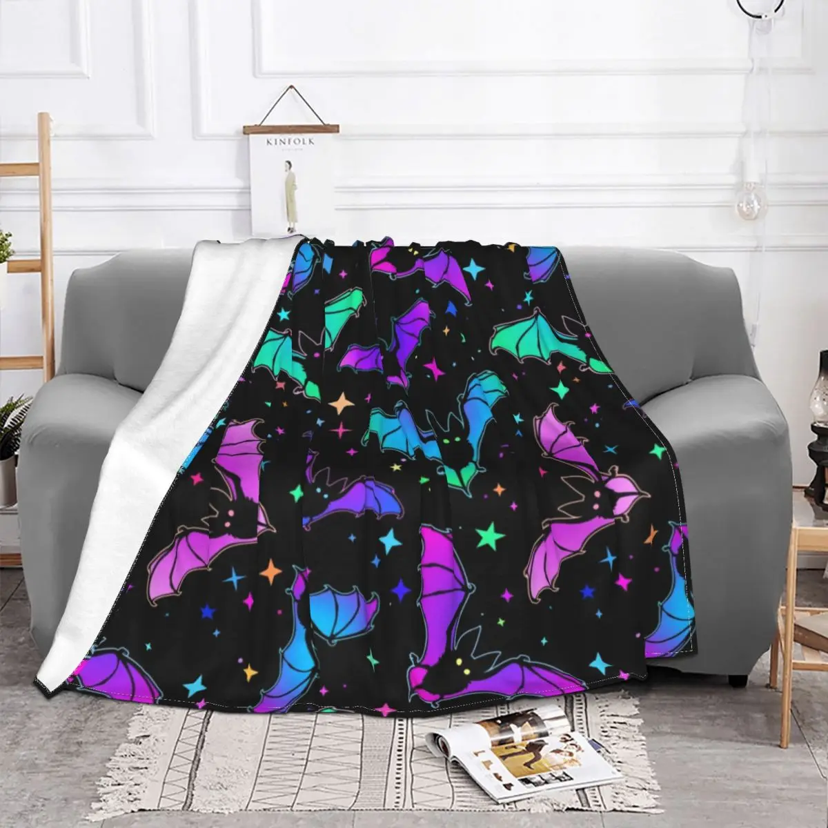 Bats And Star Gothic Harmonious Pattern Blanket Fleece Halloween Super Warm Throw Blankets for Bed Bed Rug