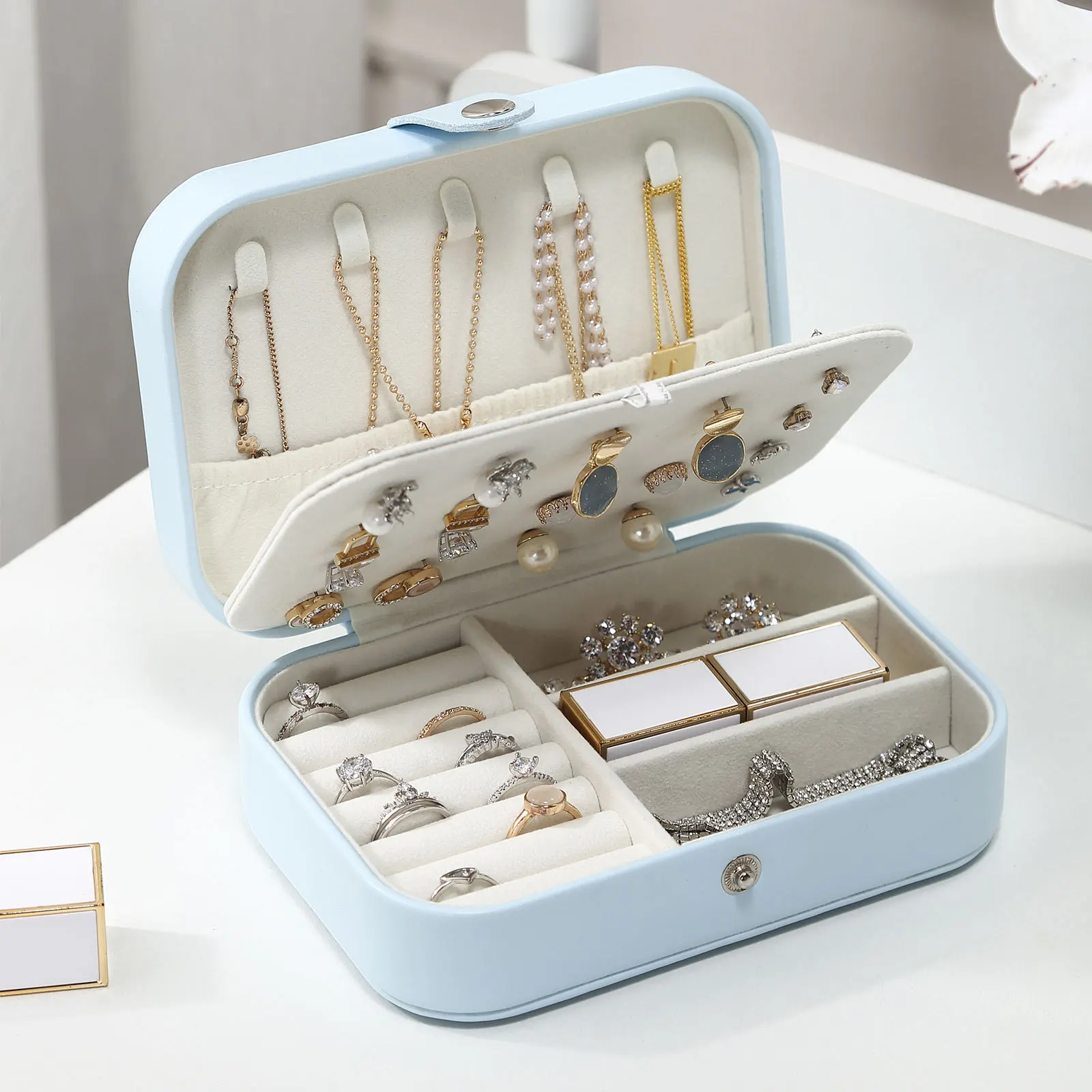 

Portable Jewelry Box Jewelry Organizer Display Travel Jewelry Case Boxes Button Leather Storage Zipper Jewelers Joyero