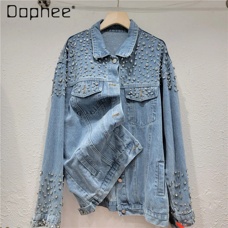 

European American Street Denim Jacket Lapel Heavy Industry Diamond Single-breasted Long-sleeved Retro Washed Jeans Jacket Women