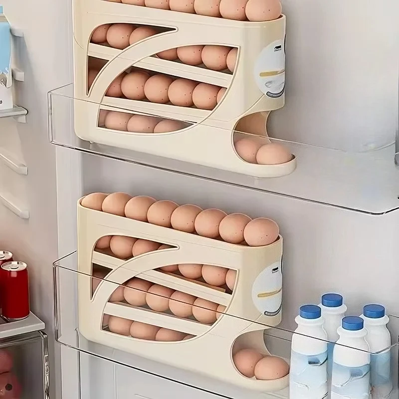 Auto Rolling Egg Dispenser 4 Tier Slide Egg Storage Holder Large Capacity Refrigerator Door Organizer Kitchen Container