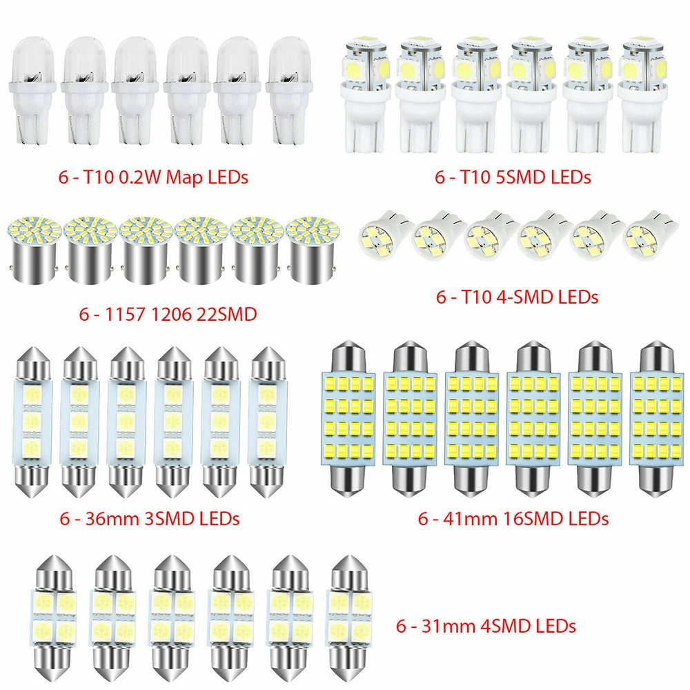 42pcs LED 1157 T10 31/36/41mm Car Interior Map Dome License Plate Lamp Replacement Trunk Footwell Light Kit White Accessories