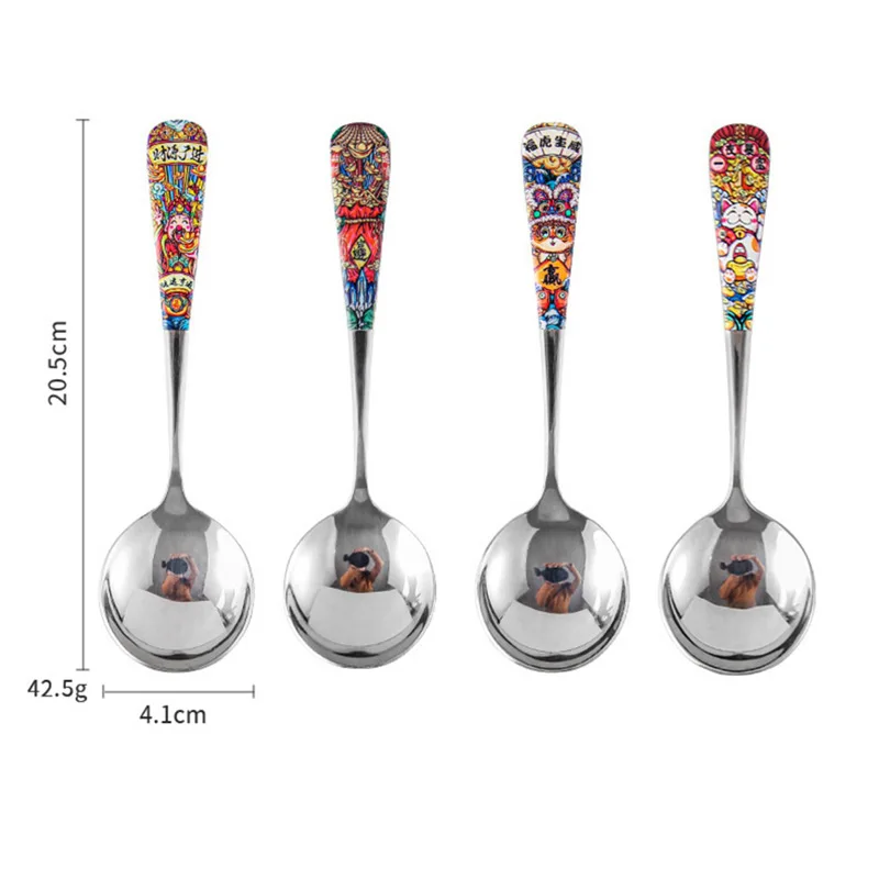 Colored Printed Handle Spoon Stainless Steel Serving Round Shape Coffee Scoop Ice Cream Dessert Tea Spoon Tableware Kitchen Tool