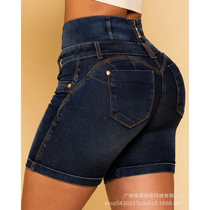 2024 Summer New Women's Clothing Fashion High Waist Hip Lift Zipper Stitching Tight Denim Shorts