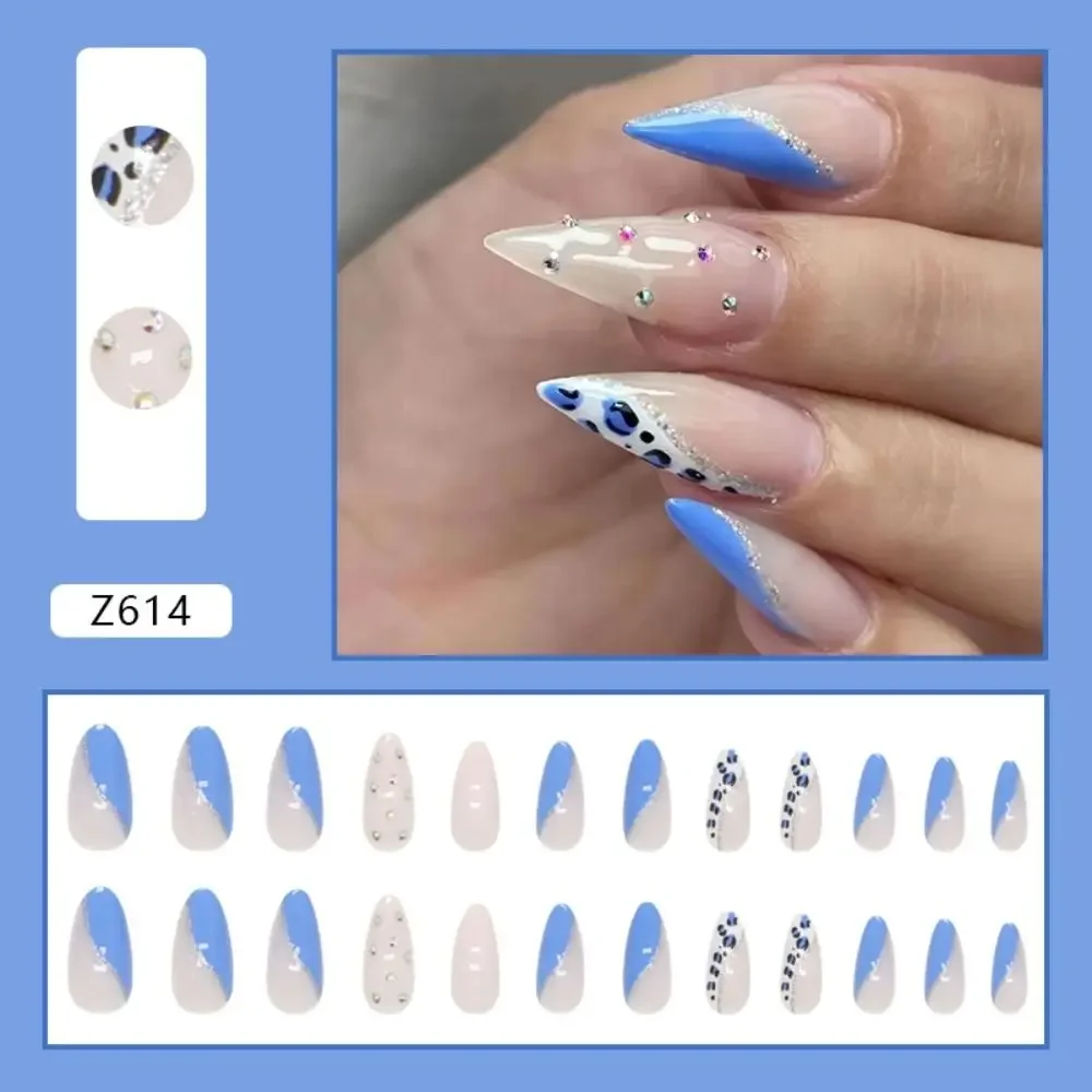24pcs Nail Tips Star DIY Fake Nials Long Almond Black Lines False Nails French