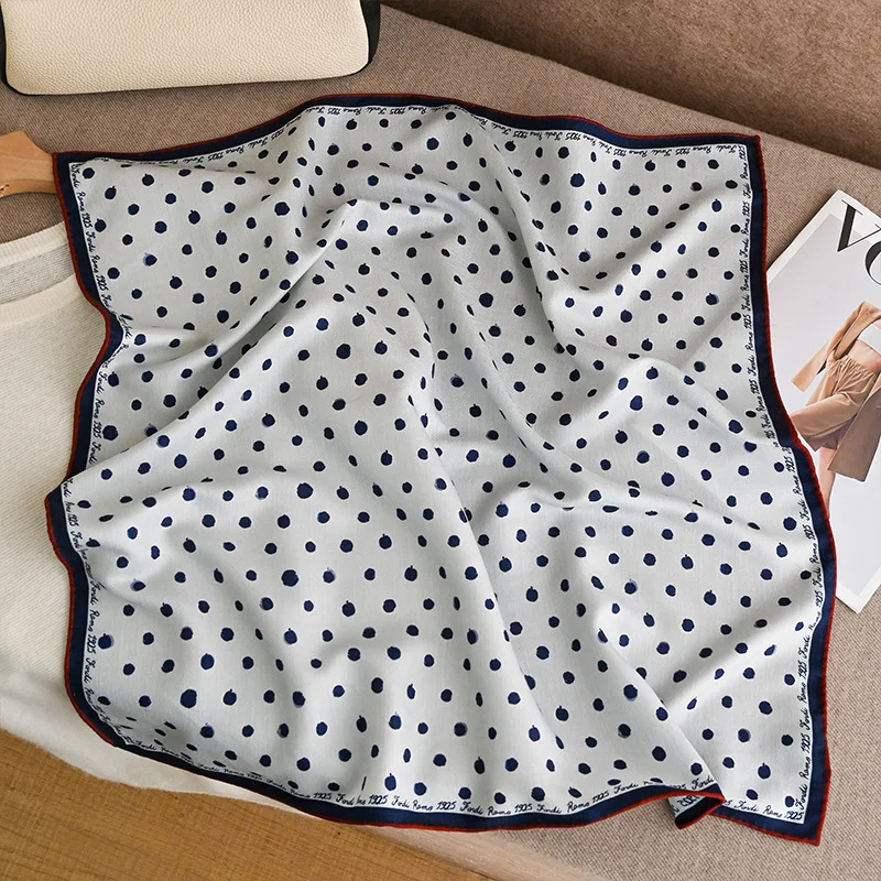 2026 Classic Navy Blue Polka Dot Silk Wool Square Scarf for Women Soft Neck Wrap Headscarf Elegant Womens Shawl