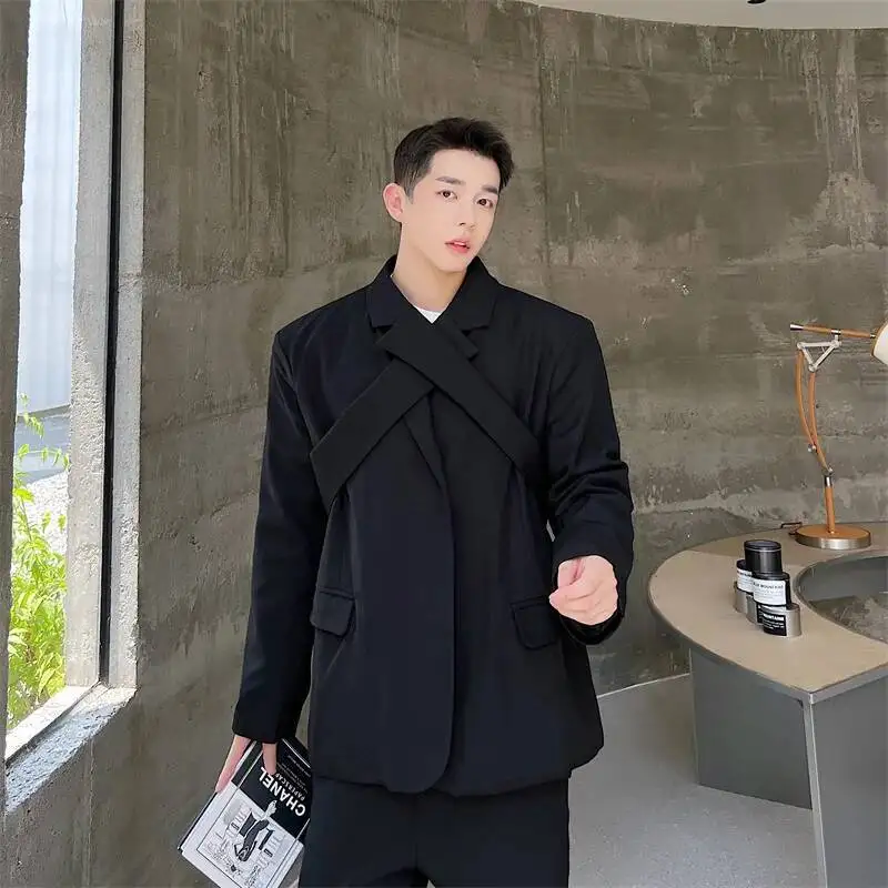 الرجال السترة الدعاوى بلون طويل الأكمام عبر العنق عارضة زر أسفل الدعاوى الشارع الشهير الكورية الأزياء رقيقة معاطف