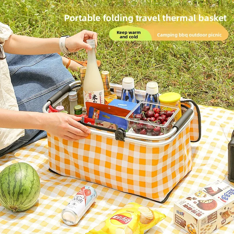 11.8L Large Capacity Picnic Plaid Stripe Insulated Handbag Outdoor Camping Foldable Portable Picnic Hand Basket Storage Basket