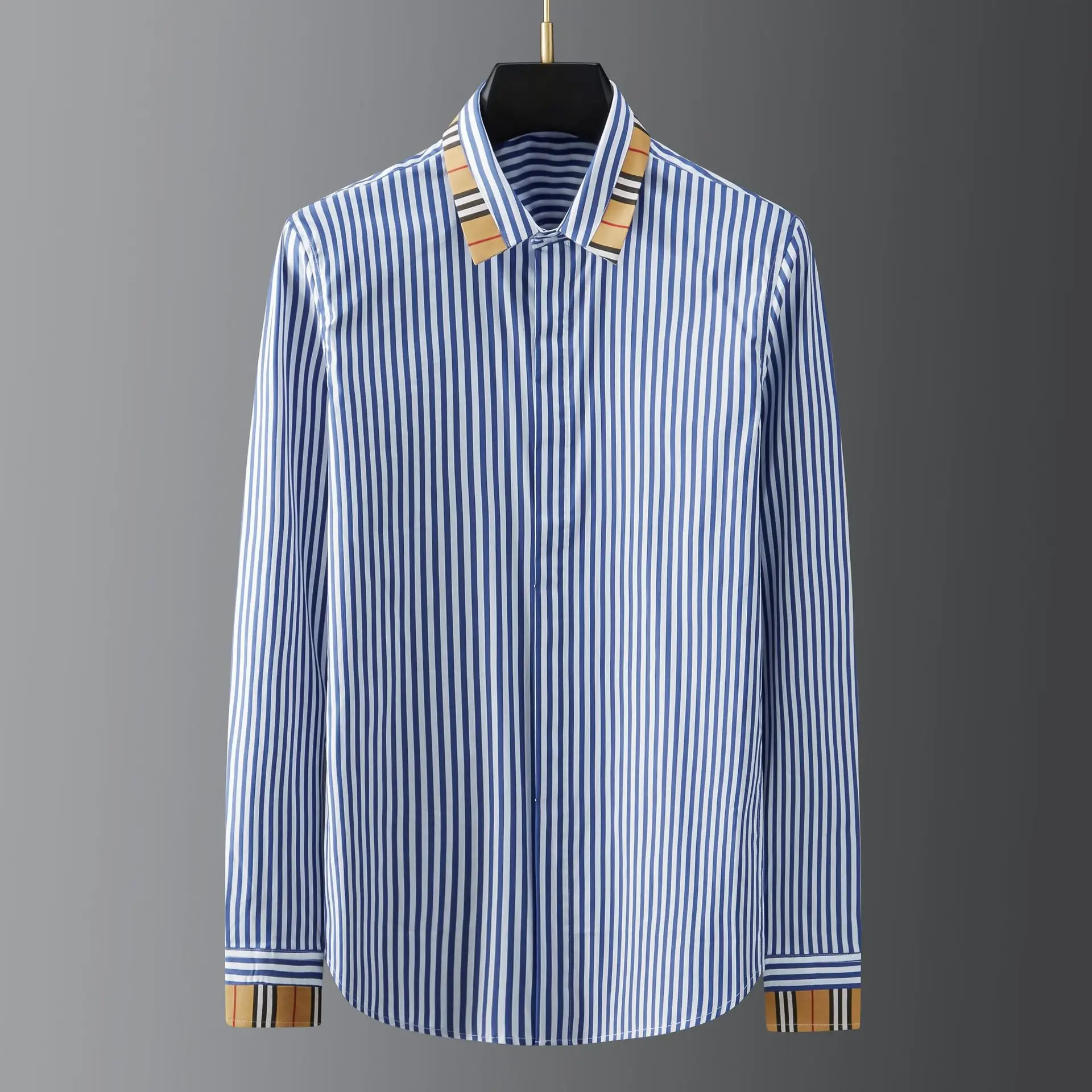 High end trend light luxury business blue and white striped patchwork collar men\'s long sleeved shirt