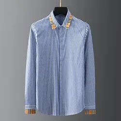 High end trend light luxury business blue and white striped patchwork collar men's long sleeved shirt