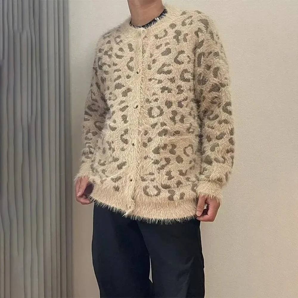 Mens Sweater Leopard Print Casual Sweater Spring Streetwear Fashion Youth Campus Valentines Cardigan Men'S Clothing 2025 New