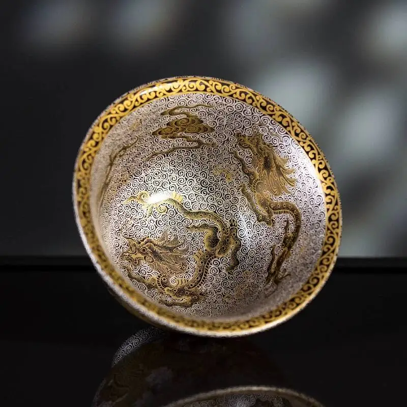 Holy Mountain Classy Pastel Black Glaze Gold And Silver Five Dragon Set Jingdezhen Handmade Master Tea Cup