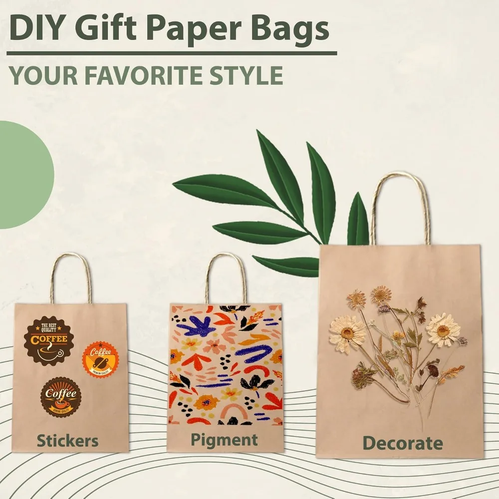 100 Kraft Paper Gift Bags with Handles, 8x4.25x10.25, Brown Bulk Bags for Party, Shopping view 3