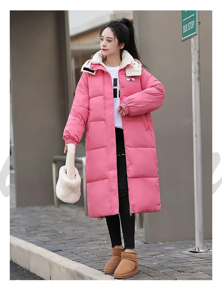 Long Hooded Puffer Coat Women Contrast Collar Warm Quilted Parka Zip‑Up Loose Windproof Winter Outerwear Ladies Padded Jacket
