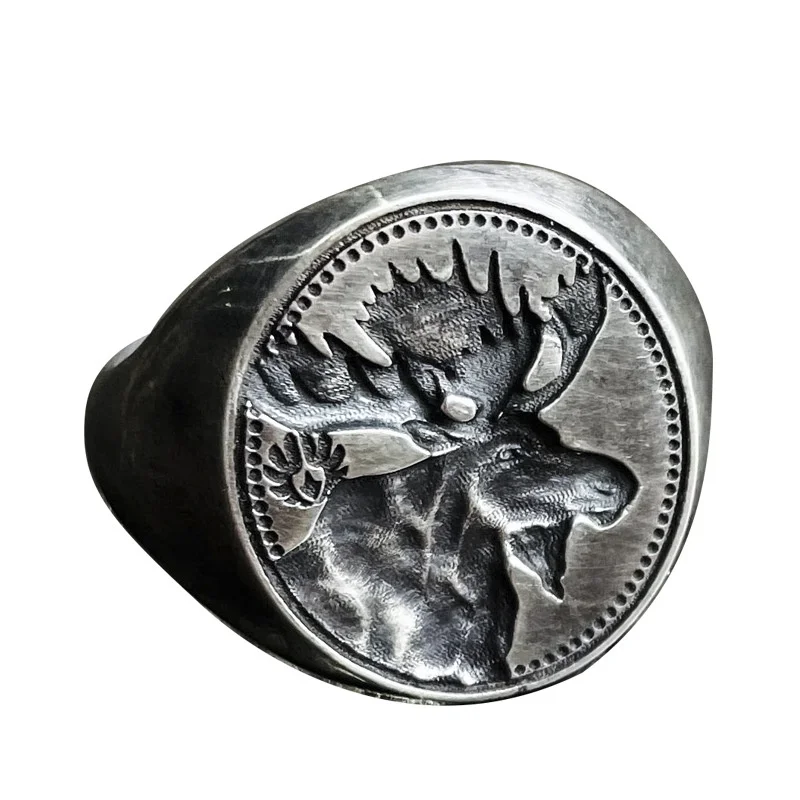 Retro Relief Moose Deer Ring For Men Jewelry Personality Seal Ring Male Index Finger Accessories Gift For Boyfriend