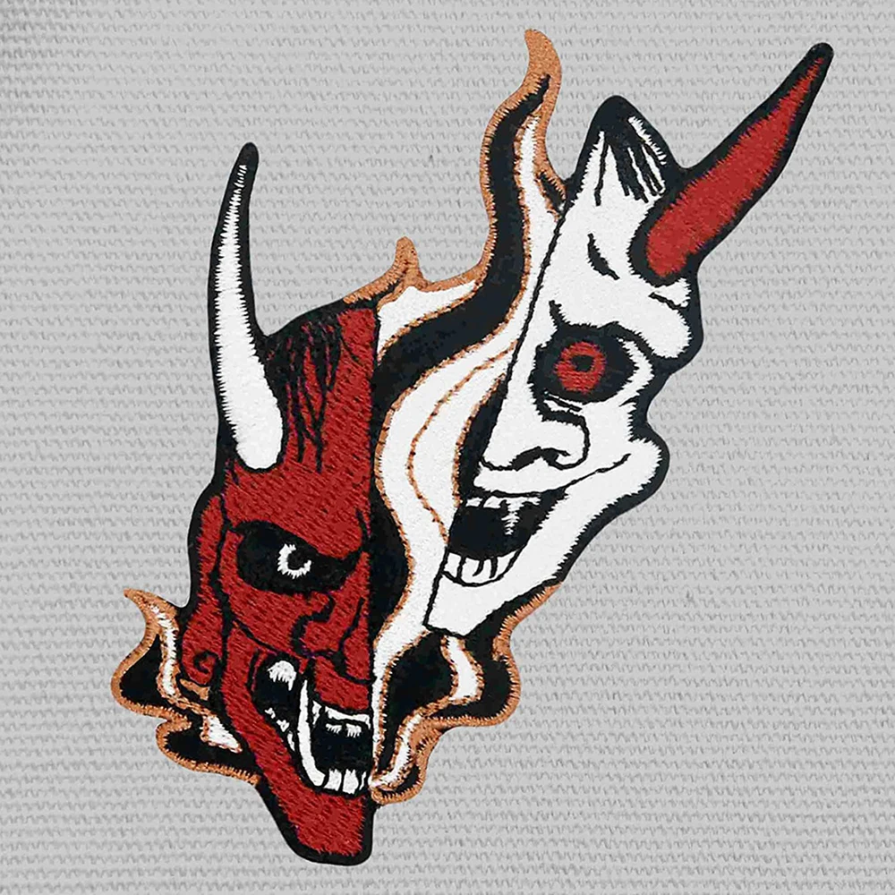 Japanese Hannya Oni Black and White Mask Patch Embroidered Applique Badge Iron On Sew On Emblem for Clothes Jackets Backpacks