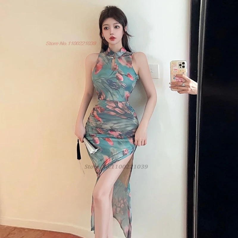 

2024 chinese sexy qipao vintage party dress flower print improved cheongsam nightclub banquet dress lady bodycon evening dress