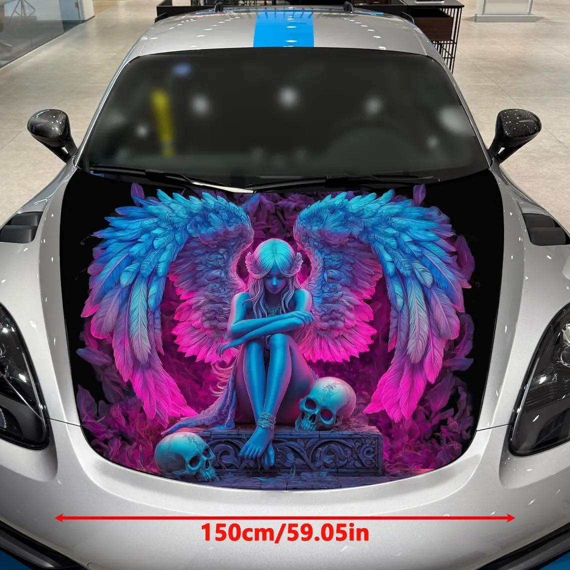Gorgeous Wing Girl and Skull Elements Car Vinyl Wrap, PVC Material Waterproof Car Hood Sticker, Self-Adhesive Scratch-Resistant