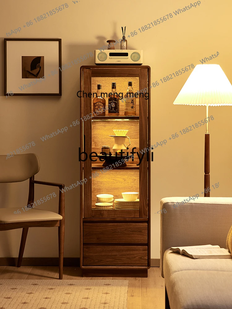 

178North American black walnut wine cabinet Nordic simple solid wood vertical cabinet Home living room glass display locker