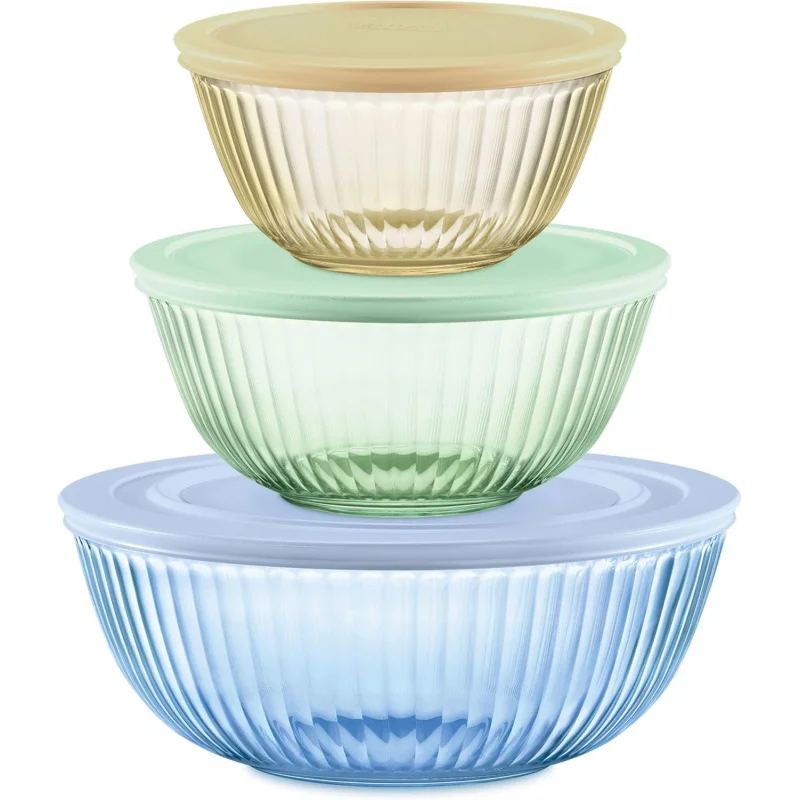 

Sculpted Tinted Glass Mixing Bowls With Lids, Nesting Space Saving Set of Bowls For Prepping and Baking, 1.3QT, 2.3QT & 4.5Q