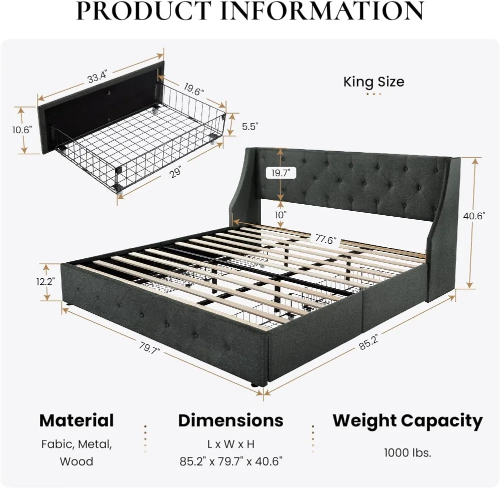 SHA CERLIN King Size Platform Bed Frame with 4 Storage Drawers and Wingback Headboard, Diamond Stitched Button Tufted Design