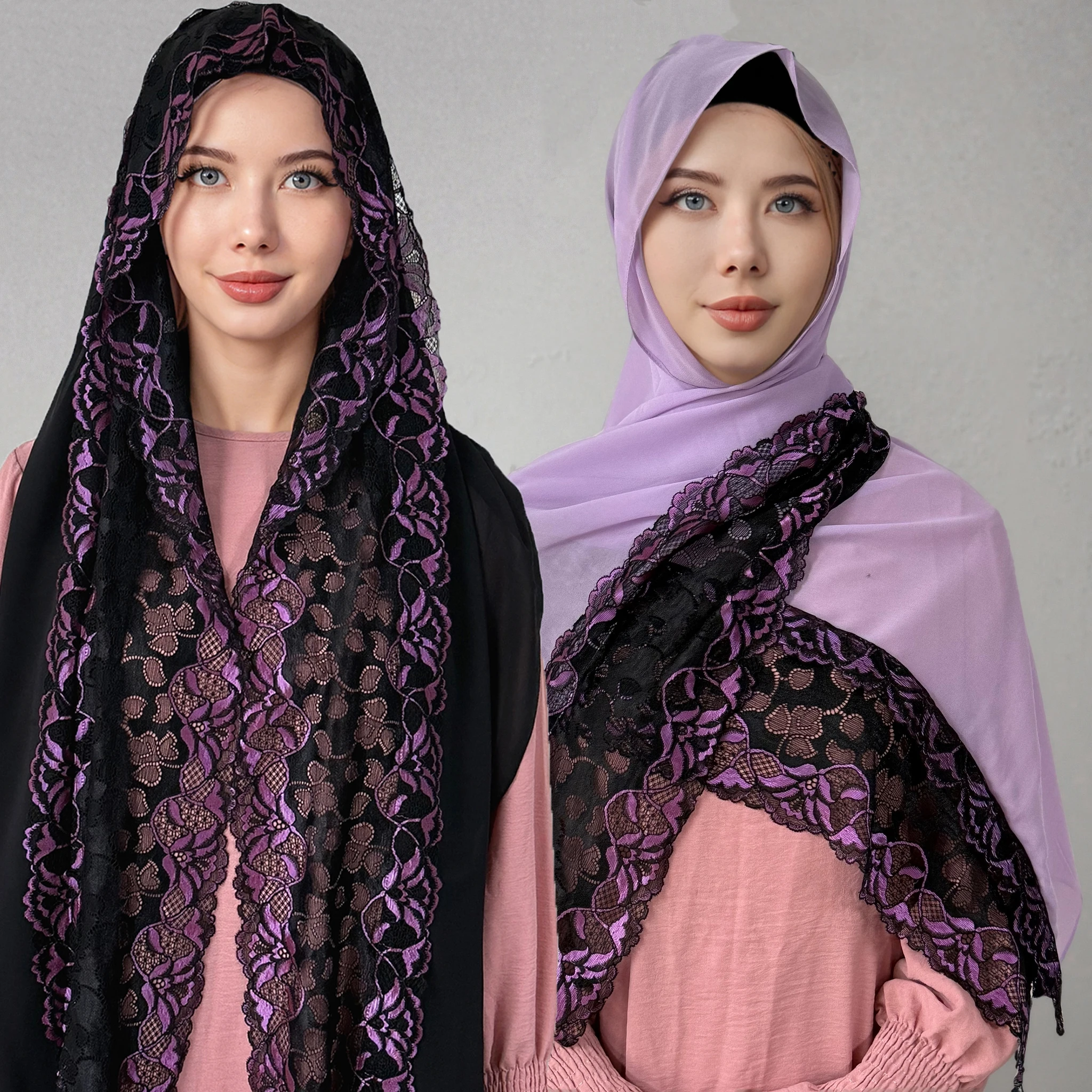 Muslim Embroidered Lace Hijab Heavy Chiffon Scarf Plain Shawl Soft Turban Head Wraps Headband Foulard Tudung Bawal