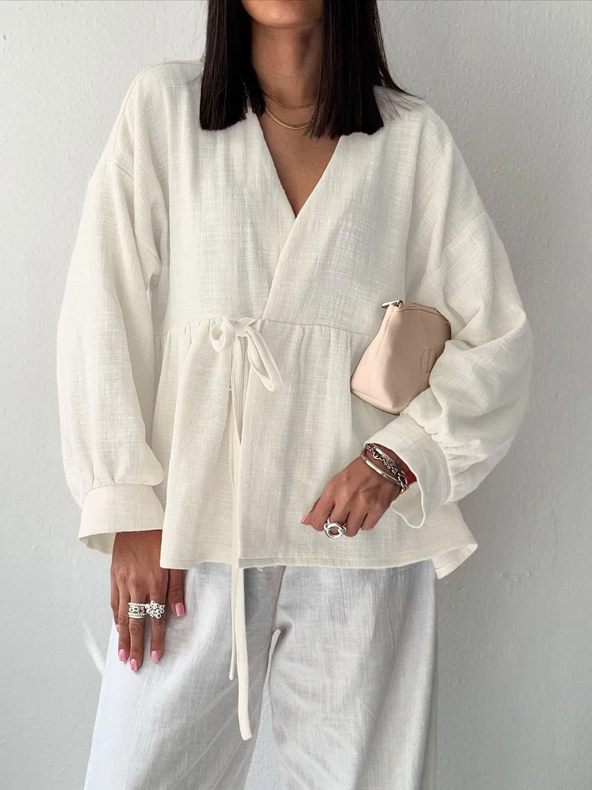 2025 가을 여성 셔츠 디자인 감각, 레이스업 롱 셔츠 슬리브, 세련된 출퇴근 스타일