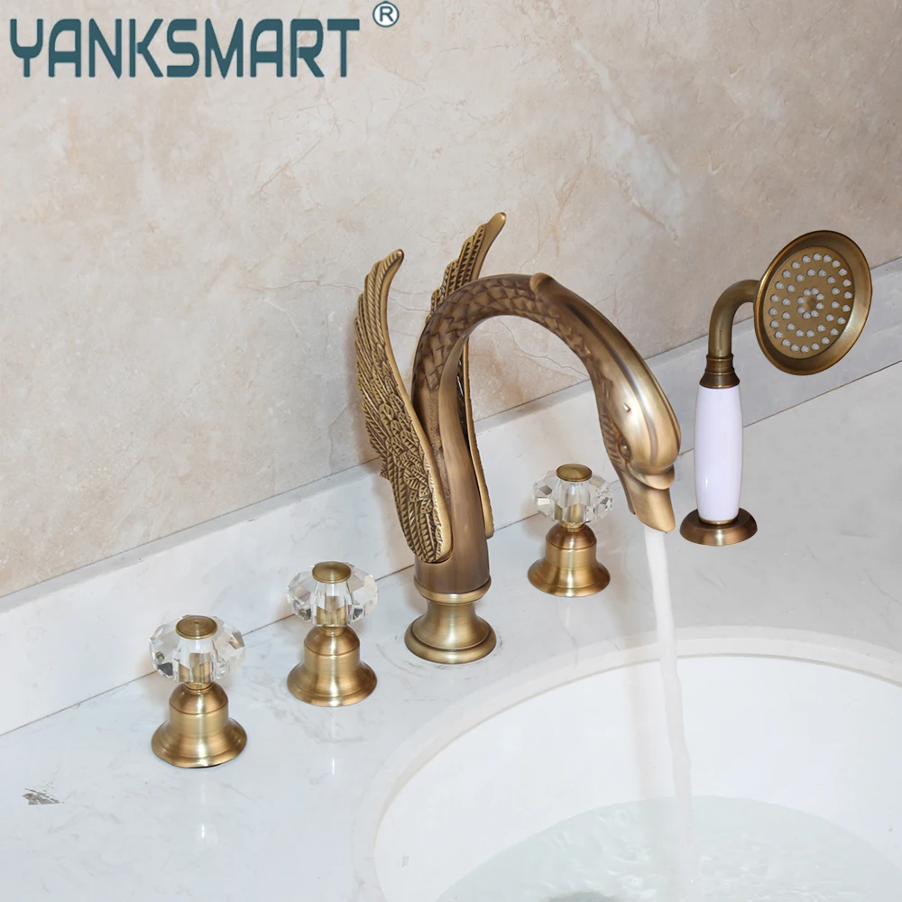 

YANKSMART Antique Brass Bathroom Faucet Swan Waterfall 3 Handles Bathtub Deck Mounted Tub Basin Sink Faucet Mixer Water Taps