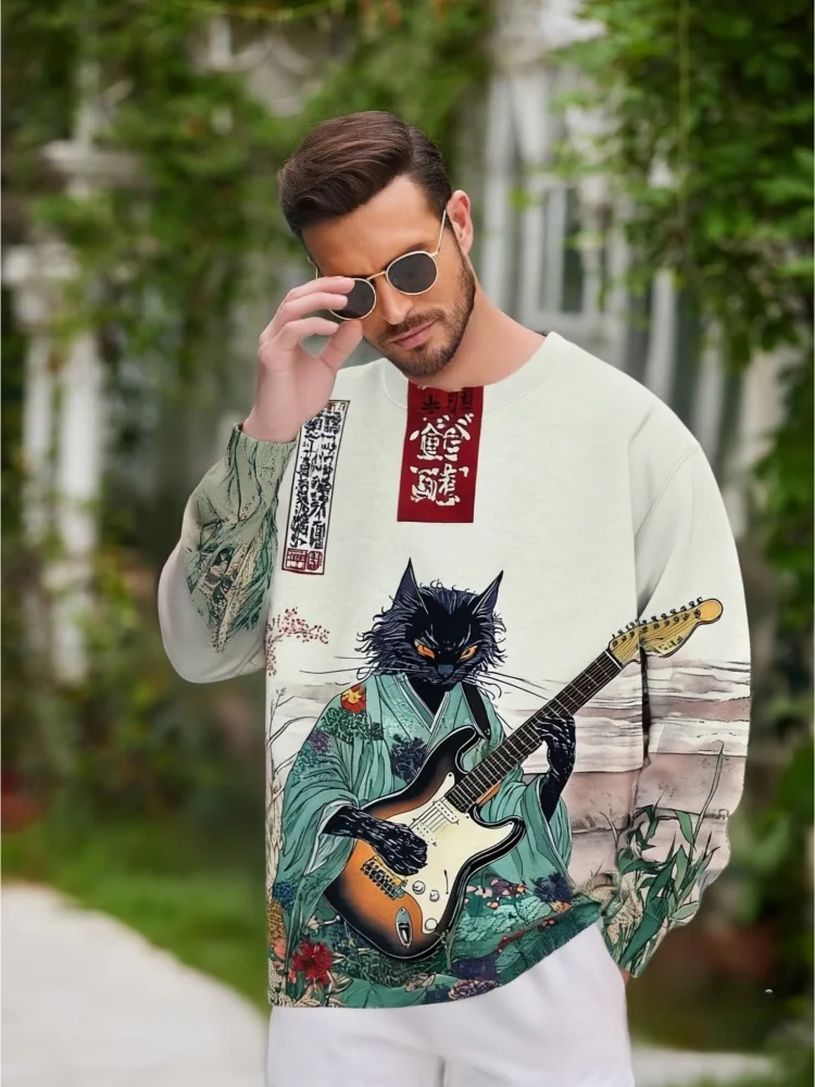 الرجال كيمونو القط العزف على الجيتار الزهور اليابانية الفن طباعة بلوزة غير رسمية عطلة الخريف 2025 طويلة الأكمام س الرقبة البلوفرات 7 #2