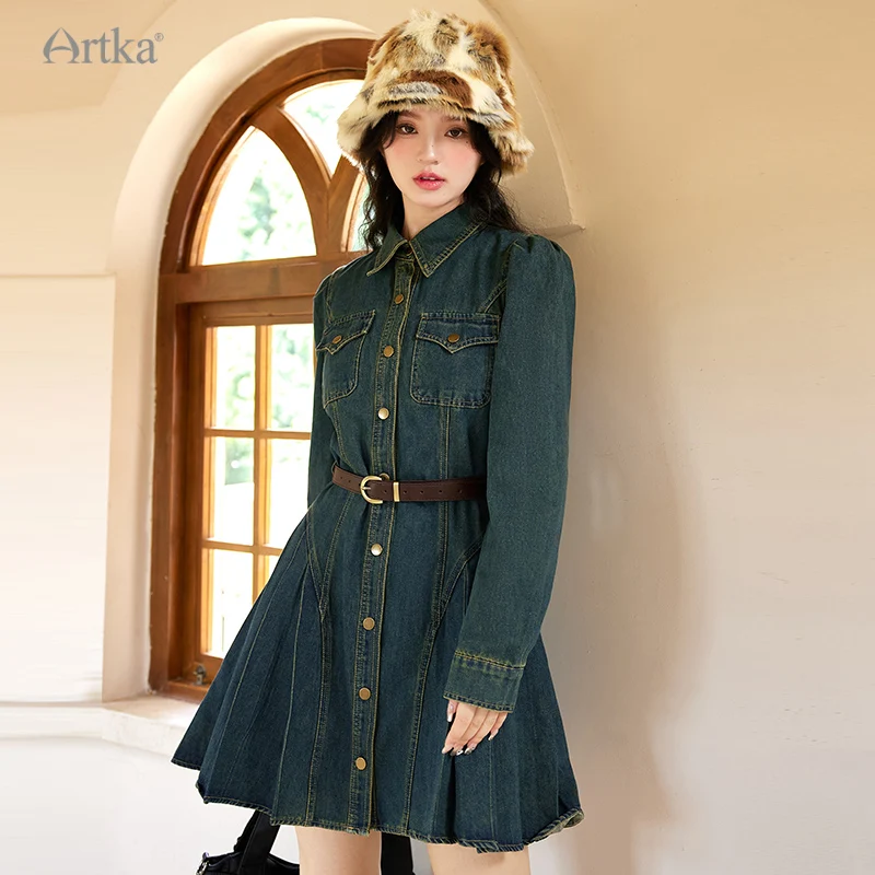 ARTKA 2023 Autumn New Fashion Vintage High Waist Lapel Denim Dresses Female Single Breasted Pleated Dress With Belt LN92232Q