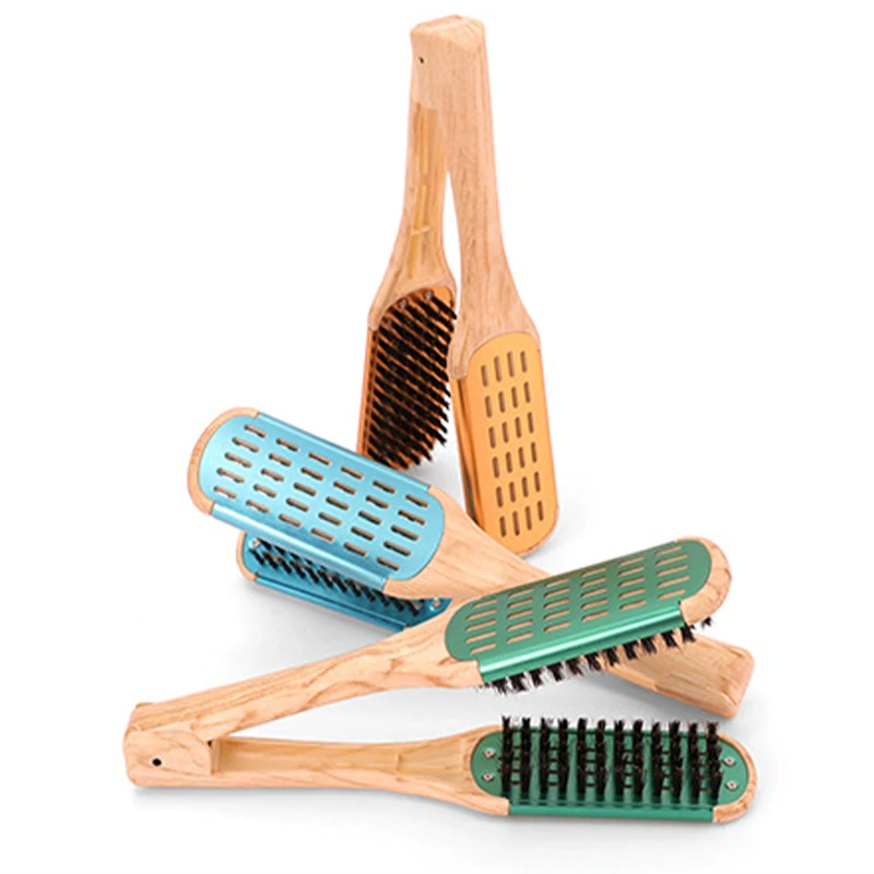 

Hairdressing Straightener Wooden Handle V Shape Hair Straightening Double Brushes Clamp Not Hurt Hair Comb DIY Home Styling Tool