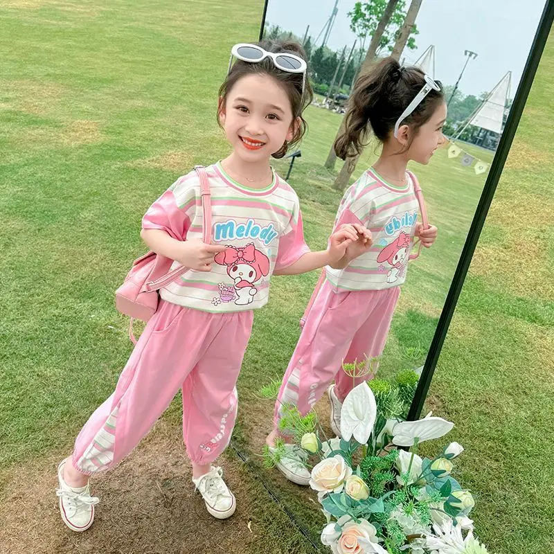 2Pcs Tracksuit Sanrio Kuromi Children My Melody Summer Stripe Printing T-Shirt Sweat Pants Leisure Daily Kids Clothing Outfits