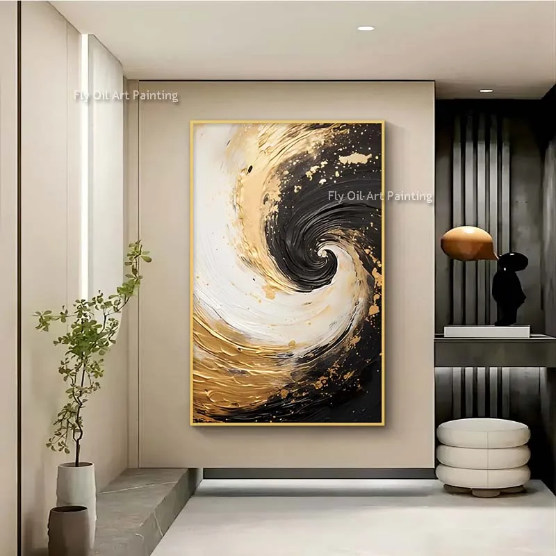 

Gold Black Geometric Canvas Art Abstract Gold Foil Oil Painting Wall Art For Modern Decor Hand Painted Golde Spiral type Artwork