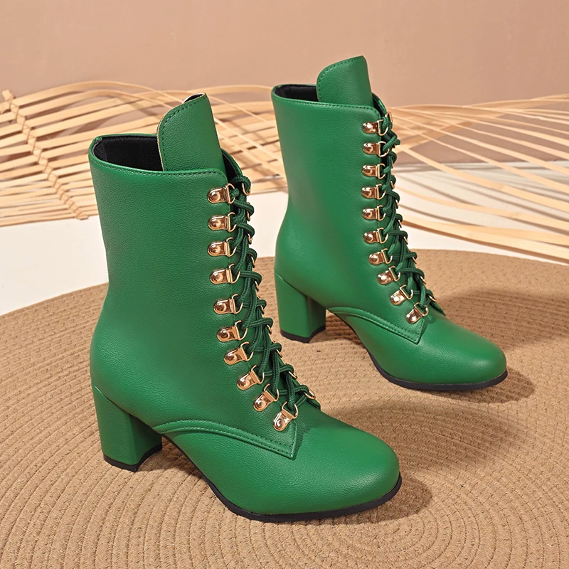 

2025 New Winter Fashion Mid-Cut Women's Modern Boots Solid color round toe block heel front lace-up Roman women's boots